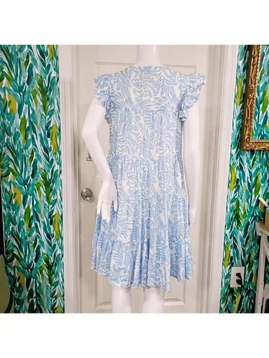 Roller Rabbit Mini Dress Women's Blue White Floral Print Linen Ruffle Sleeve - Picture 4 of 10